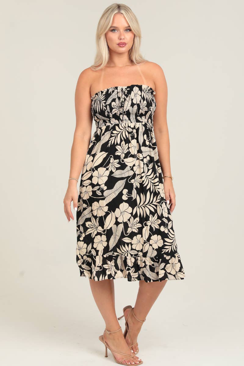 SMOCKED BODICE STRAPLESS MIDI DRESS W POCKETS