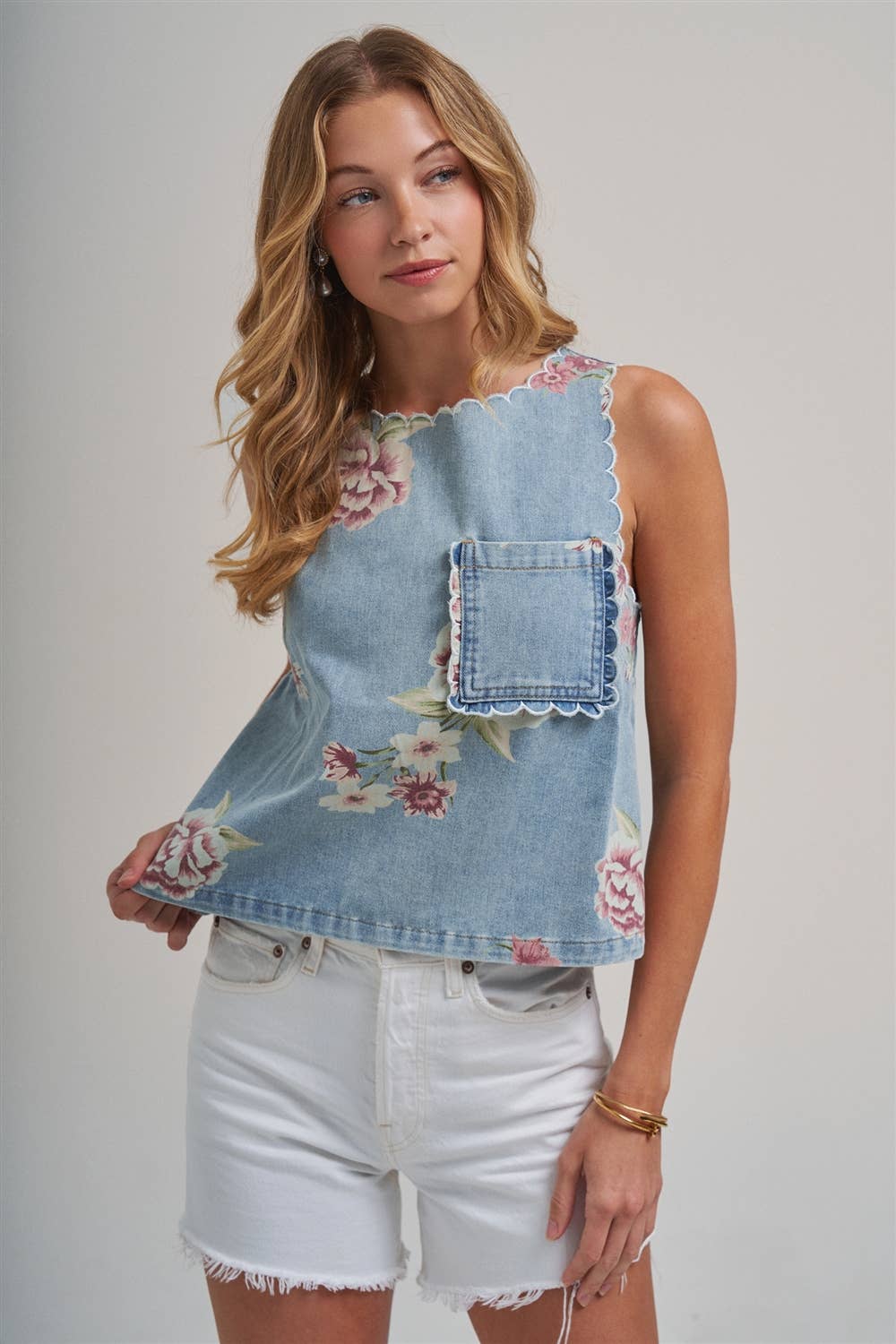 VINTAGE FLORAL DENIM TOP WITH SCALLOPED EDGE DETAIL