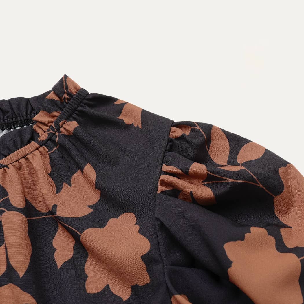 Cute Print Rounded Neck Keyhole Puff Short Sleeve Top