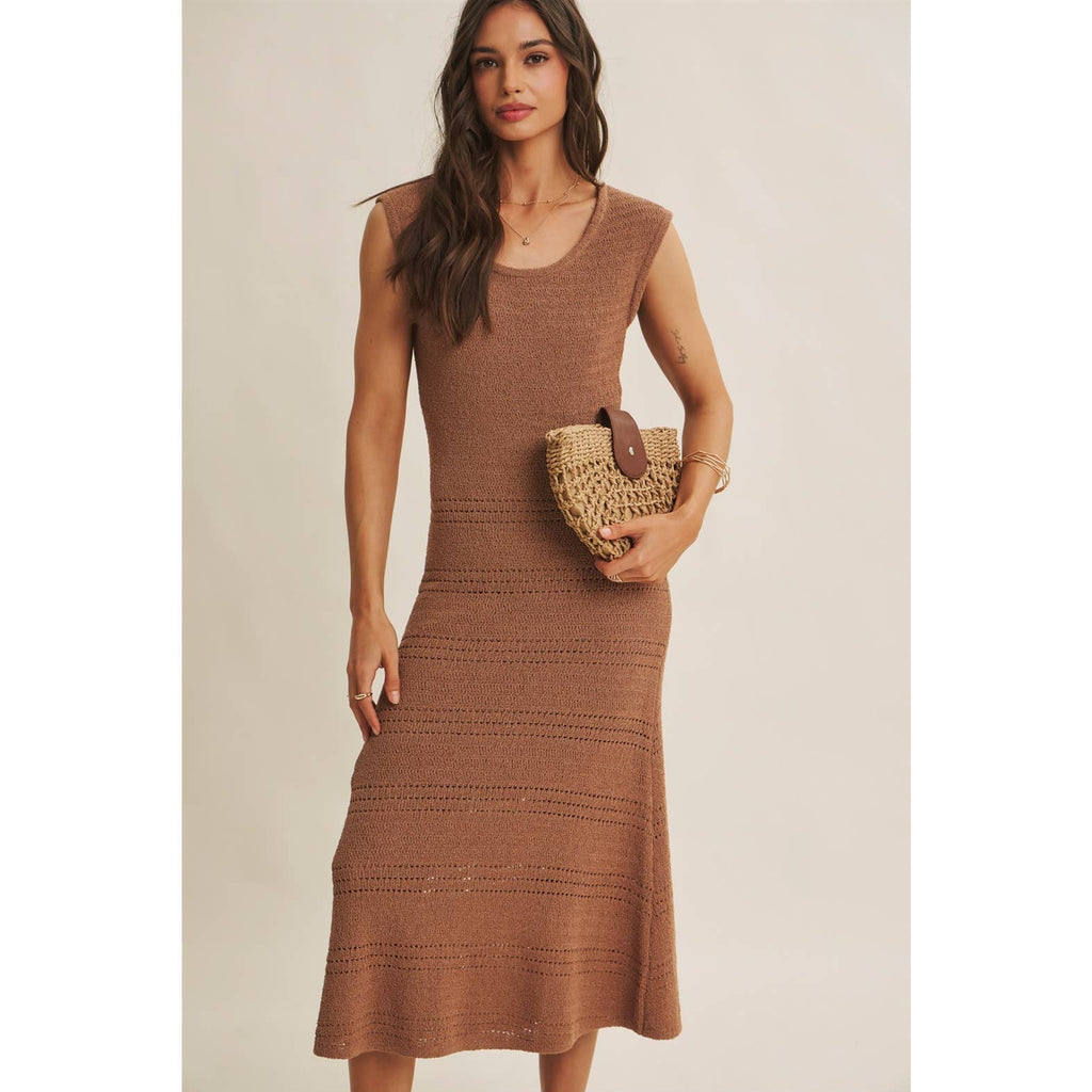 MINIMAL MUSE DROP SHOULDER FITTED TEXTURED KNIT MIDI DRESS