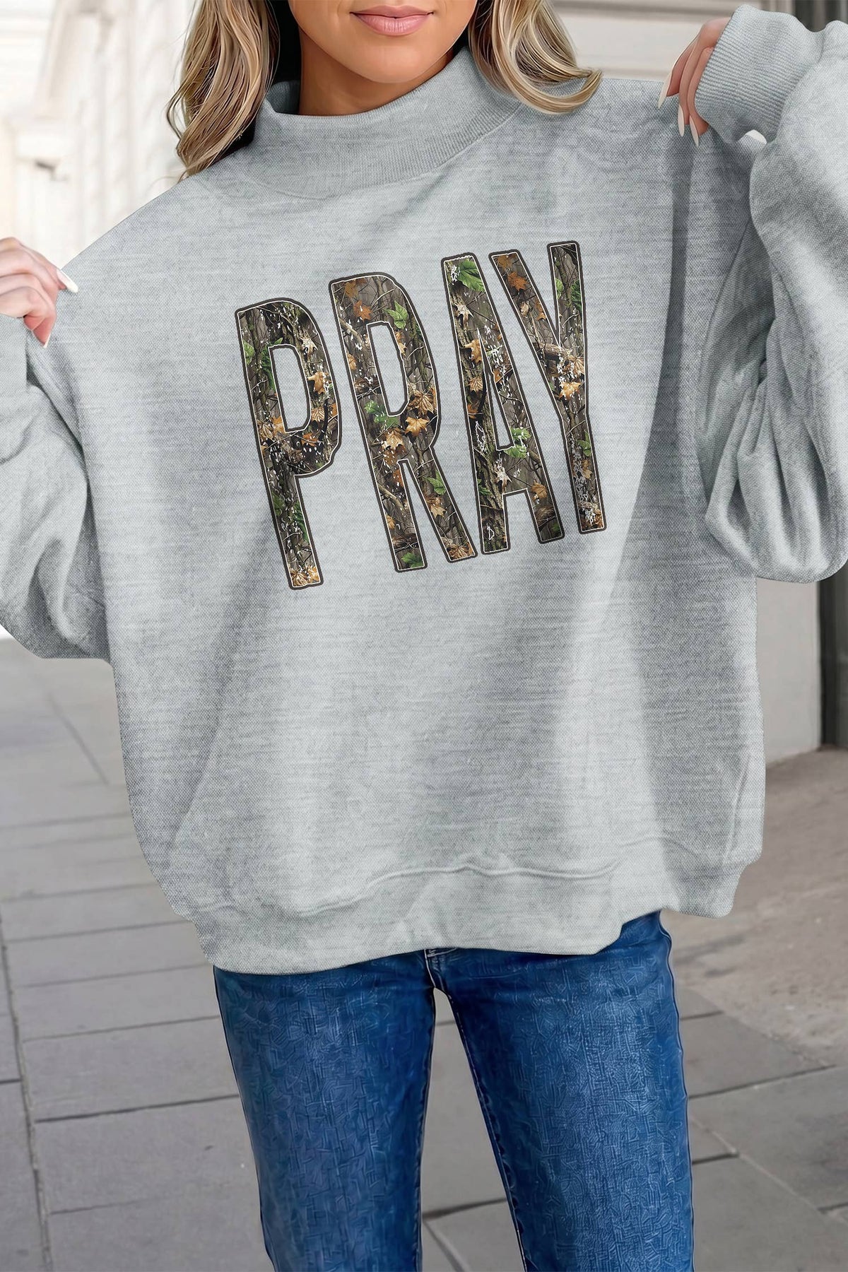 PRAY Camo Letter Print Mockneck Pullover Sweatshirt | S-XL