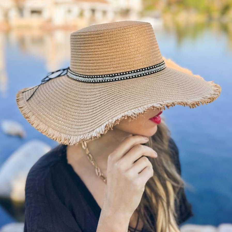 Crown Straw Floppy Hat Tan Frayed Brim with Rhinestone Band