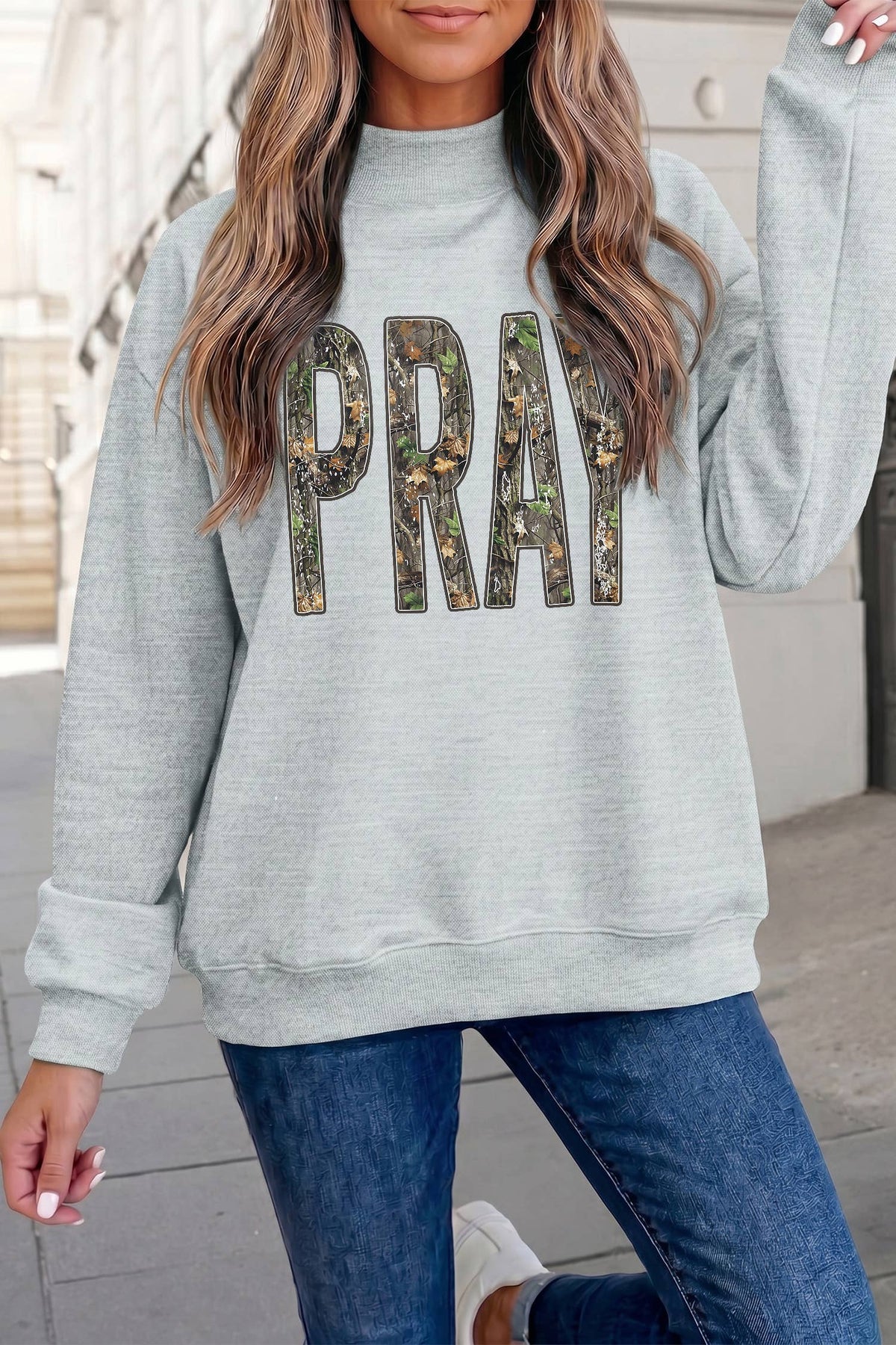 PRAY Camo Letter Print Mockneck Pullover Sweatshirt | S-XL