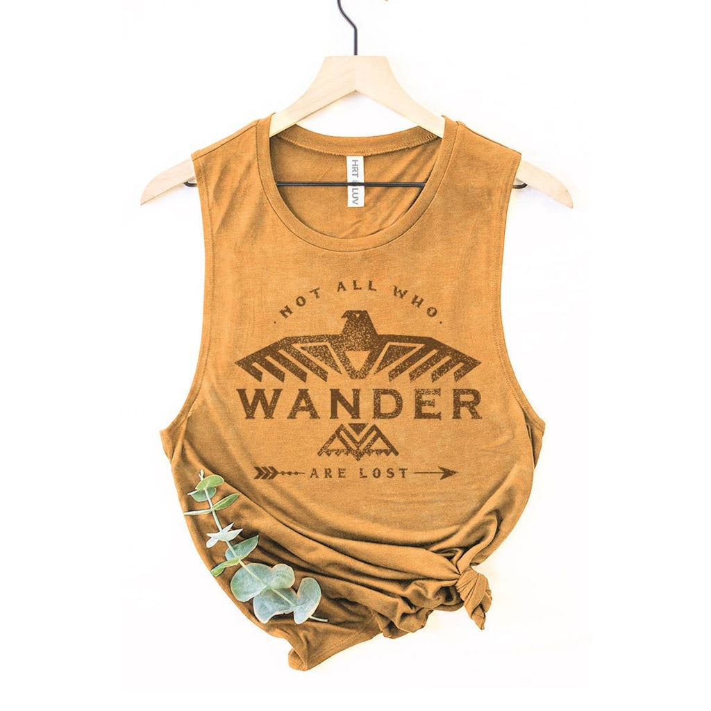 Mustard yellow tank top with 'Not all who wander are lost' text on a hanger.