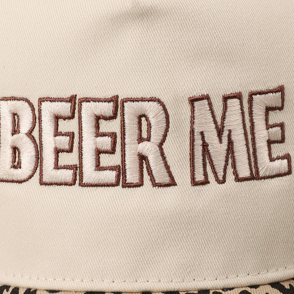 Beige cap with 'BEER ME' text in brown embroidery
