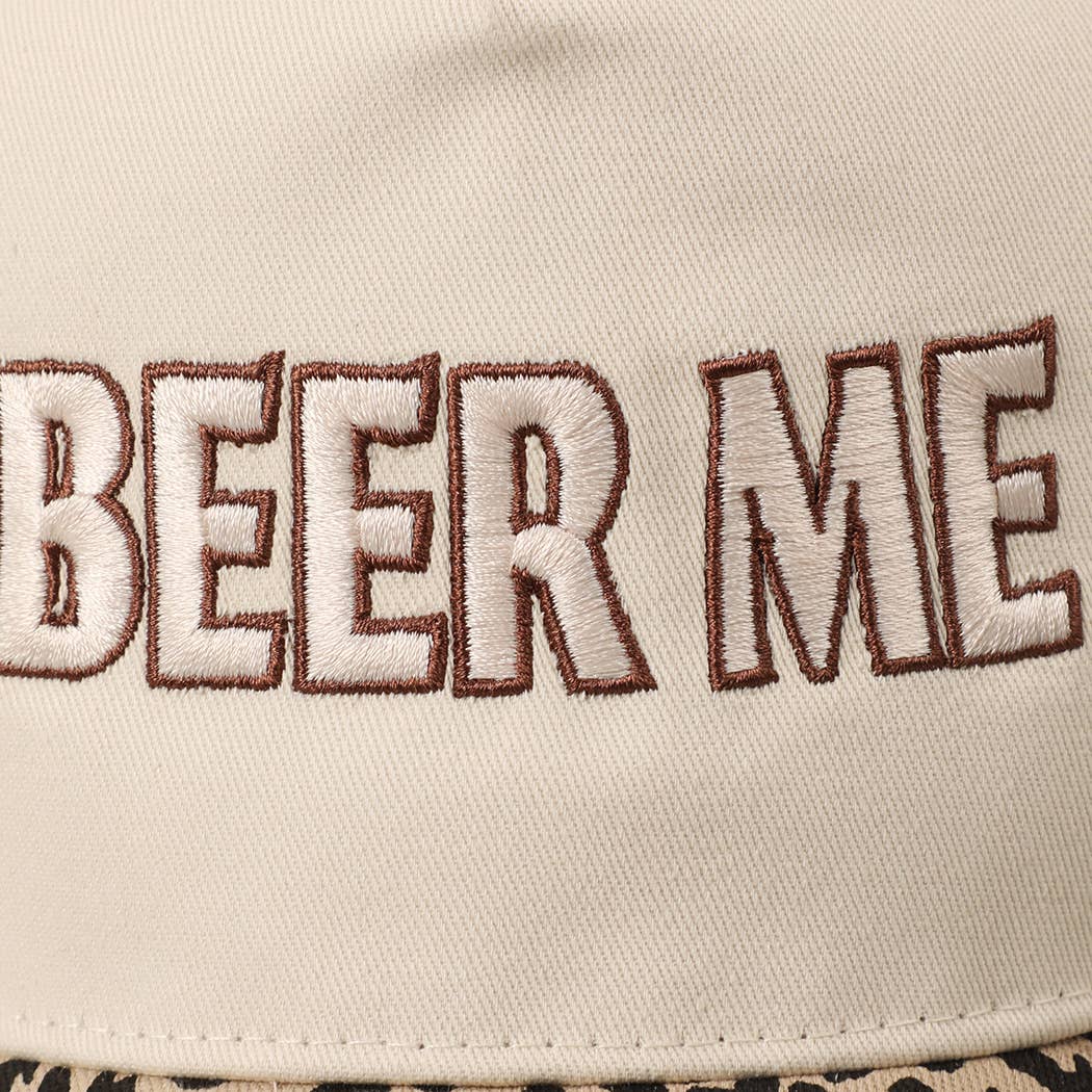 Beige cap with 'BEER ME' text in brown embroidery