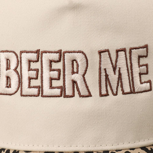 Beige cap with 'BEER ME' text in brown embroidery