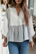Stripe Button Gauze Bracelet Sleeve Babydoll Blouse (S-XL)