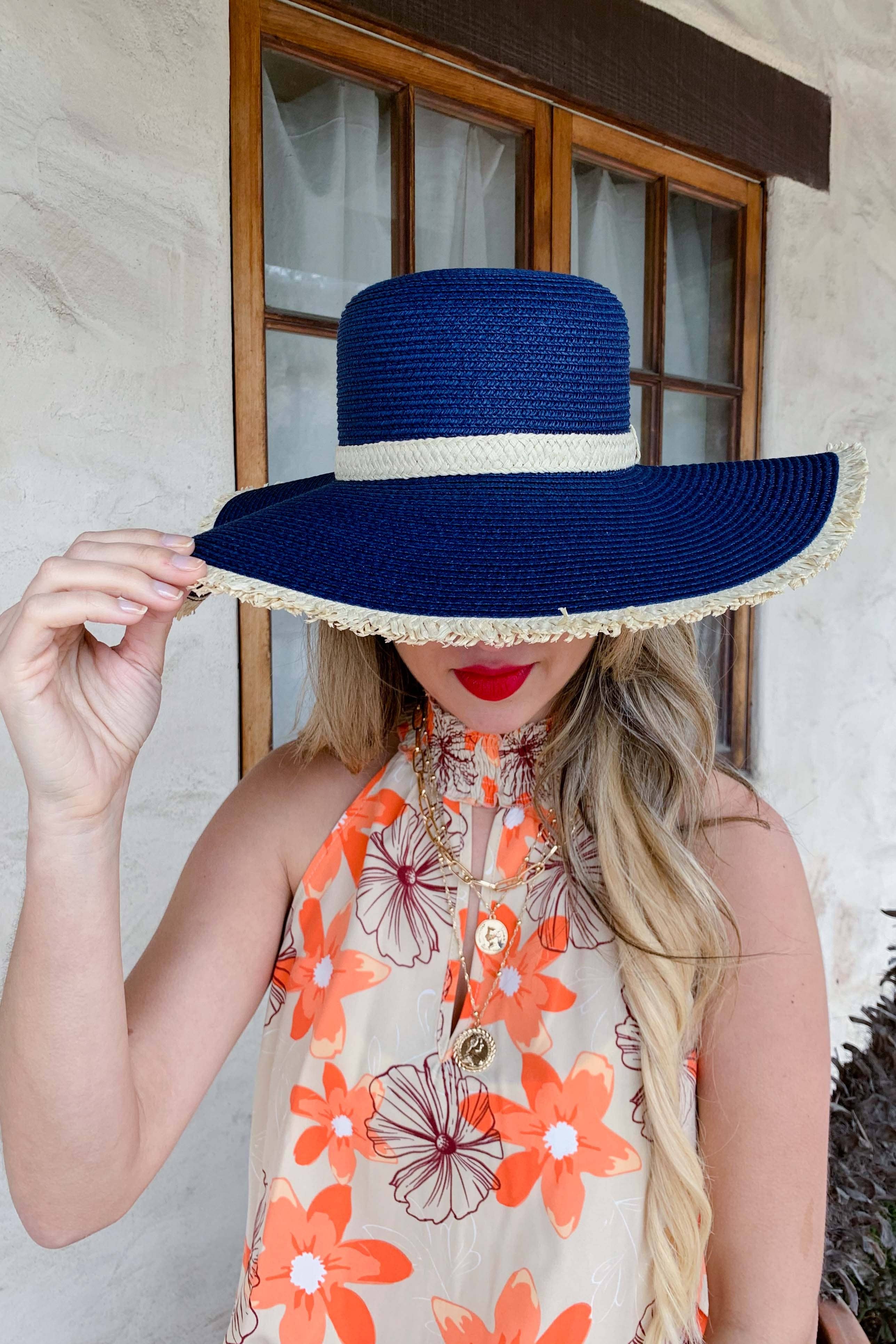Navy Natural Straw Floppy Hat With Beige Straw Band