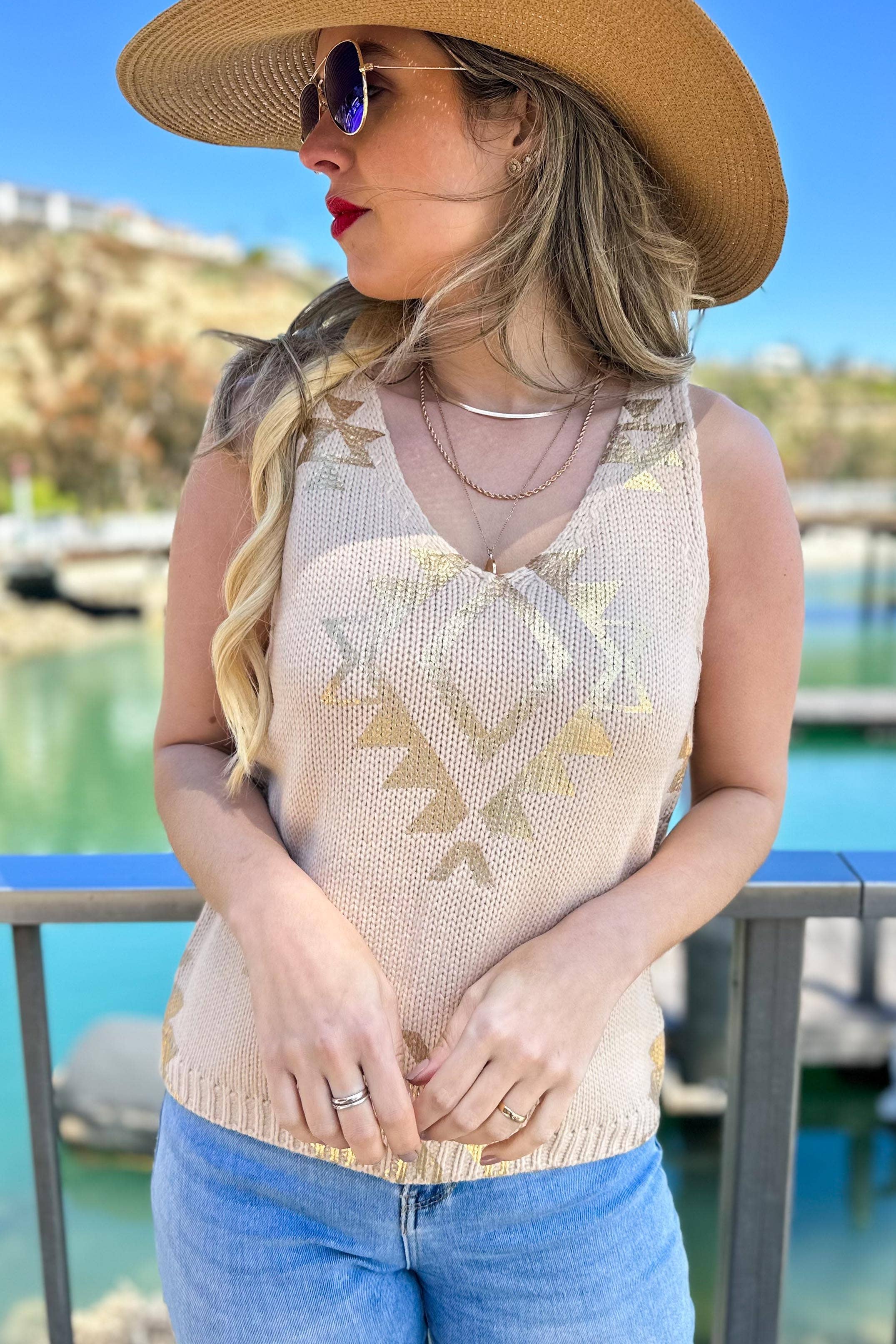 Lt.Taupe Gold Aztec Printed V neck Sleeveless Knitted Top