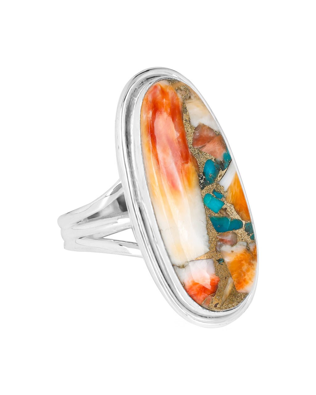 Large Sterling Silver Spiny Oyster and Copper Turquoise Ring