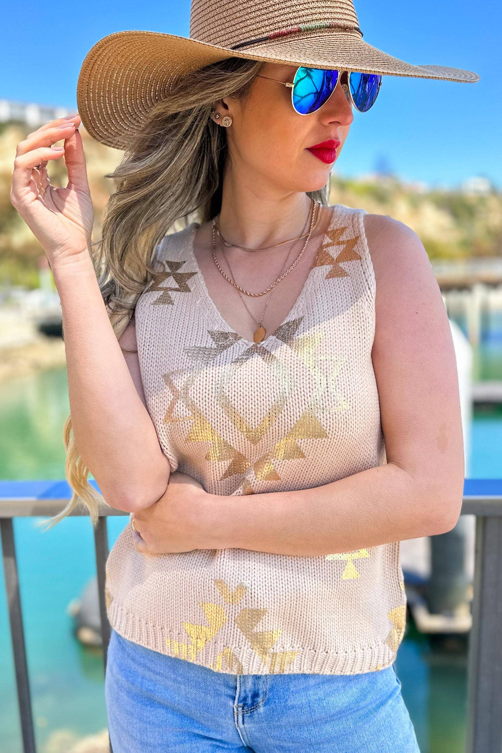 Lt.Taupe Gold Aztec Printed V neck Sleeveless Knitted Top