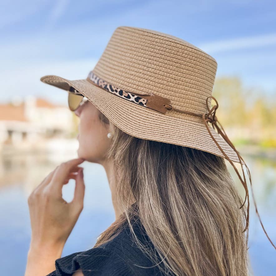 Tan Summer Straw Chic Boater Hat with Leopard Beaded Band