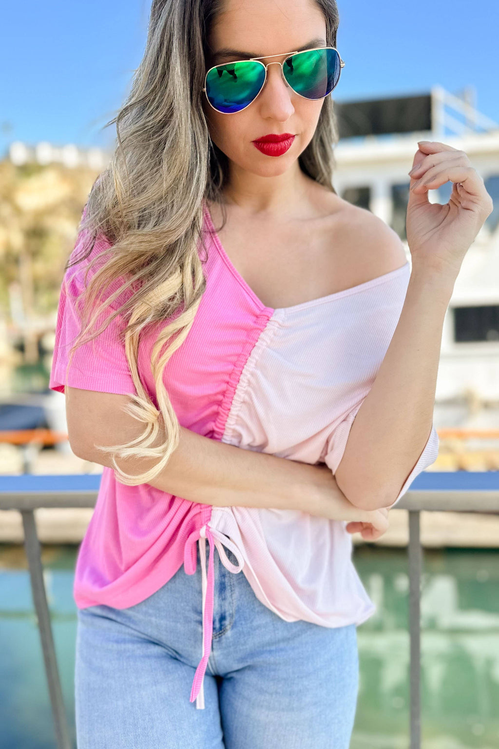 Pink Cinched Front Shirred Color Block Short Sleeve Knit Top
