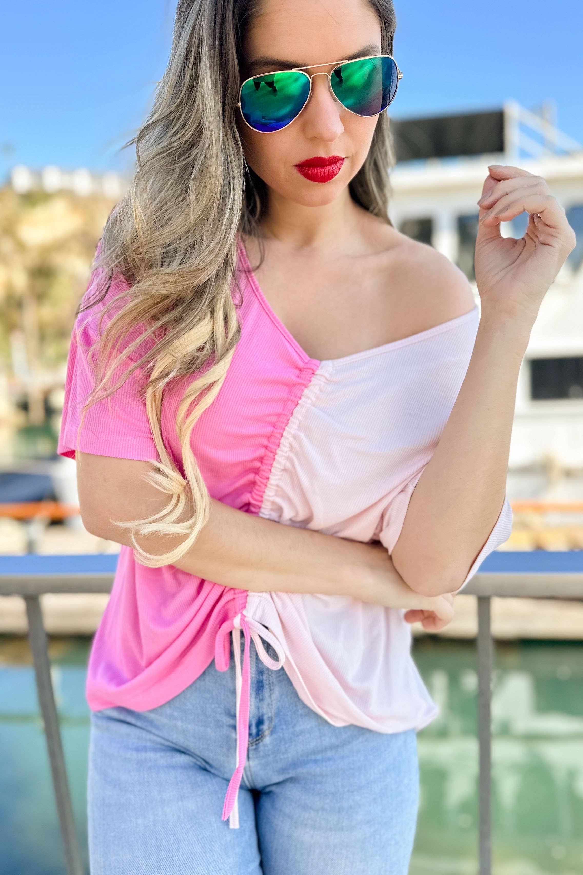 Pink Cinched Front Shirred Color Block Short Sleeve Knit Top