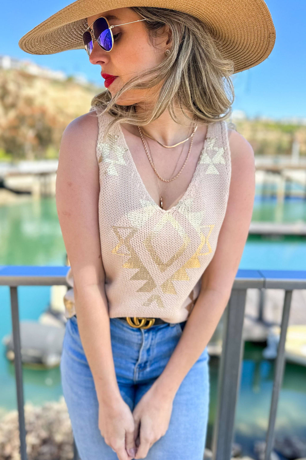 Lt.Taupe Gold Aztec Printed V neck Sleeveless Knitted Top
