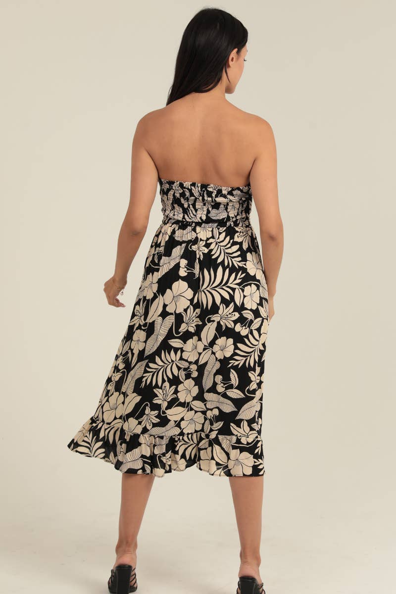 SMOCKED BODICE STRAPLESS MIDI DRESS W POCKETS