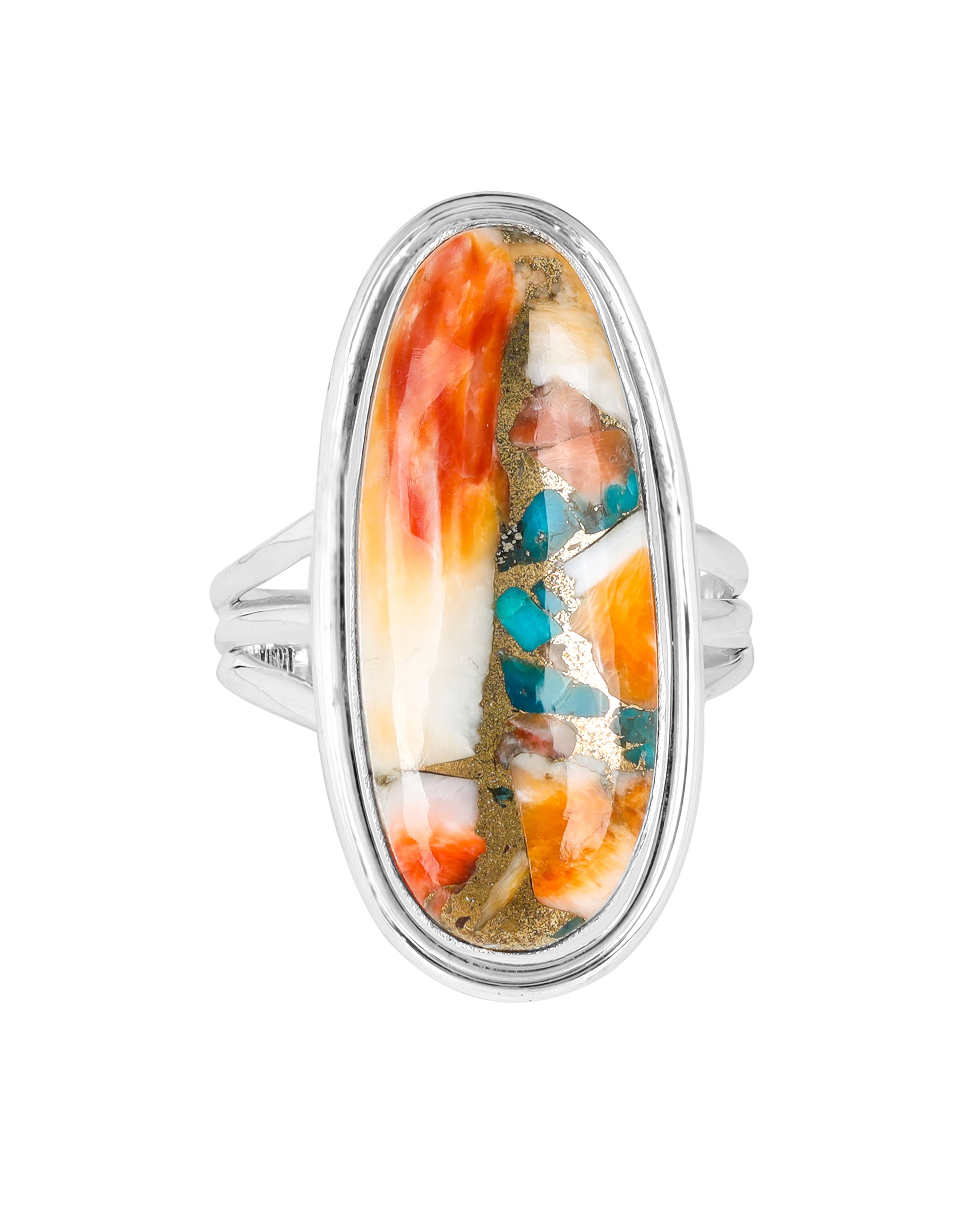 Large Sterling Silver Spiny Oyster and Copper Turquoise Ring