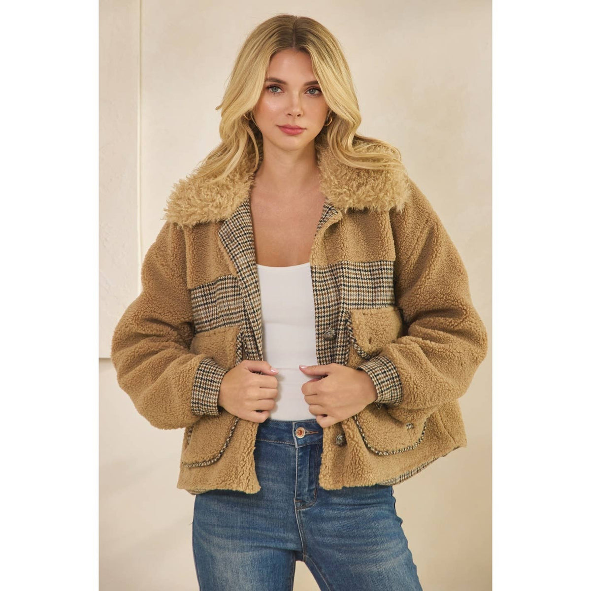Teddy Jacket with Houndstooth inset