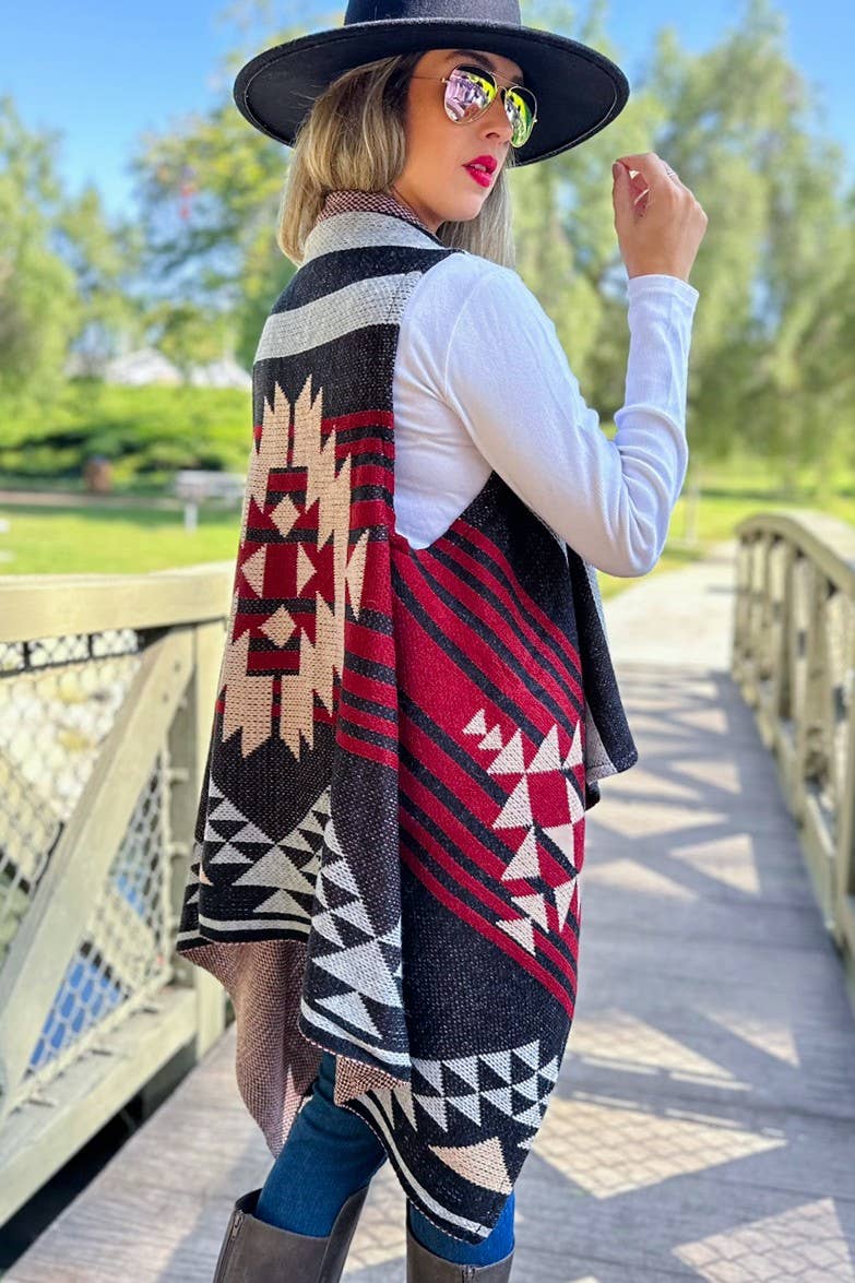 Western Aztec Printed Open Front Knitted Cowl Vest
