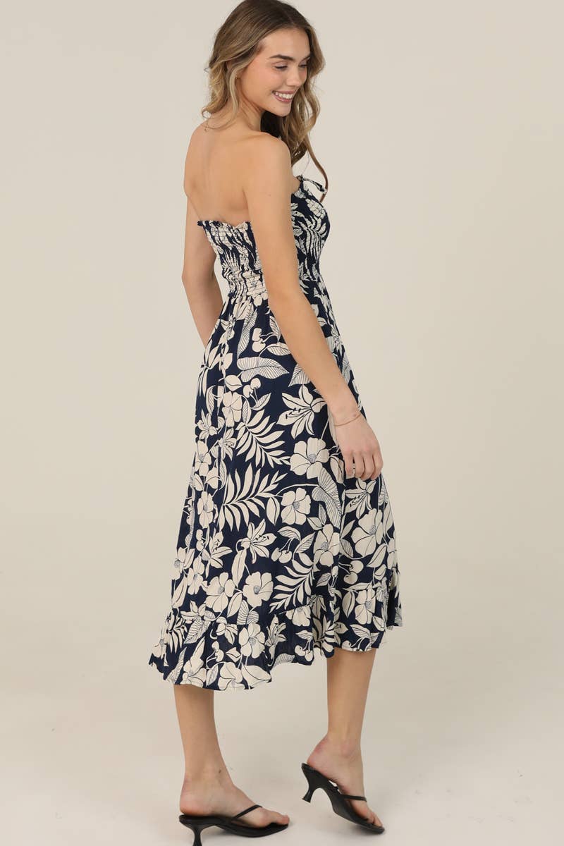 SMOCKED BODICE STRAPLESS MIDI DRESS W POCKETS