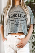 LONG LIVE COWBOY COW SKULL MINERAL GRAPHIC LONG CROP TOP