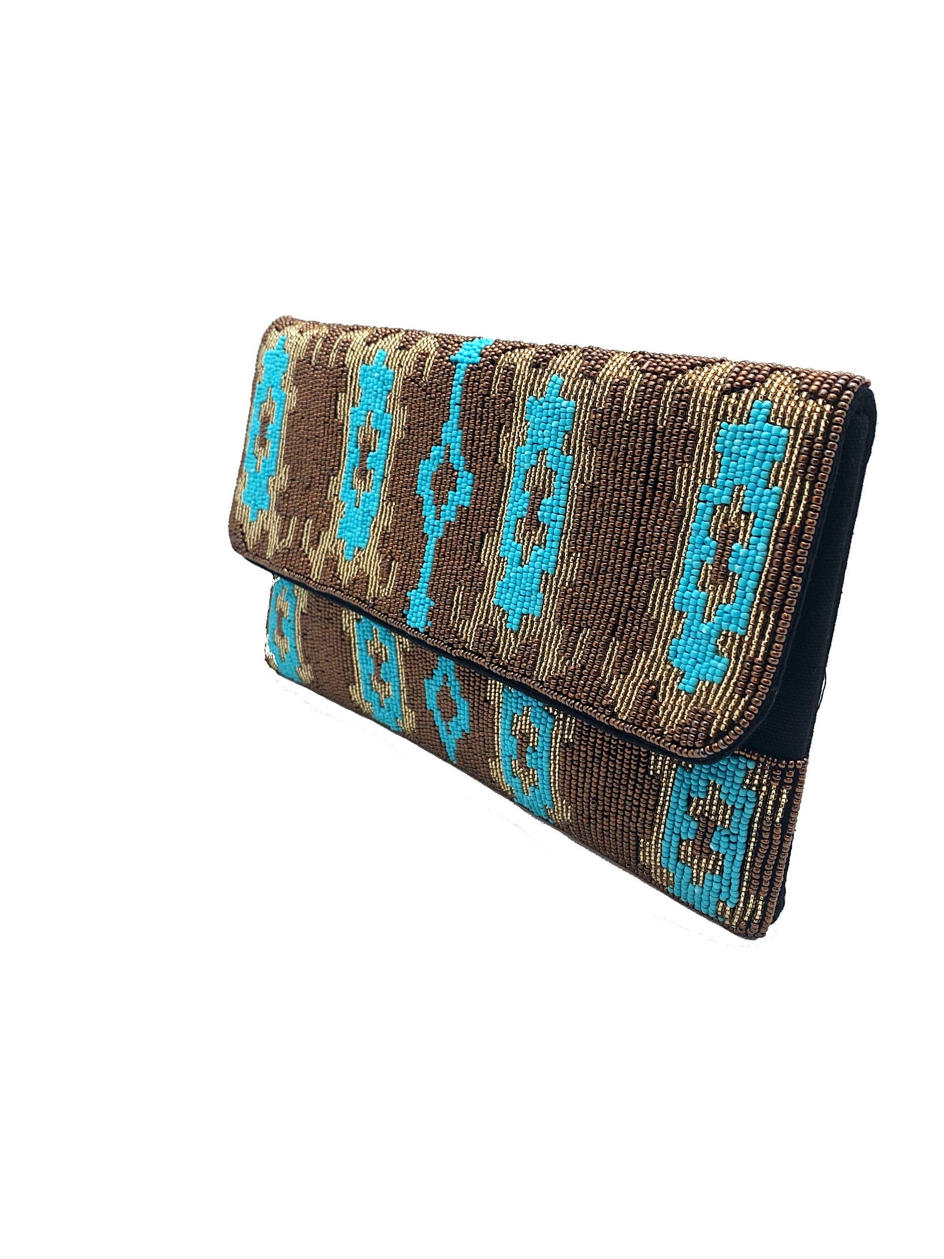 GOLD & TURQUOISE IKAT BEADED CLUTCH