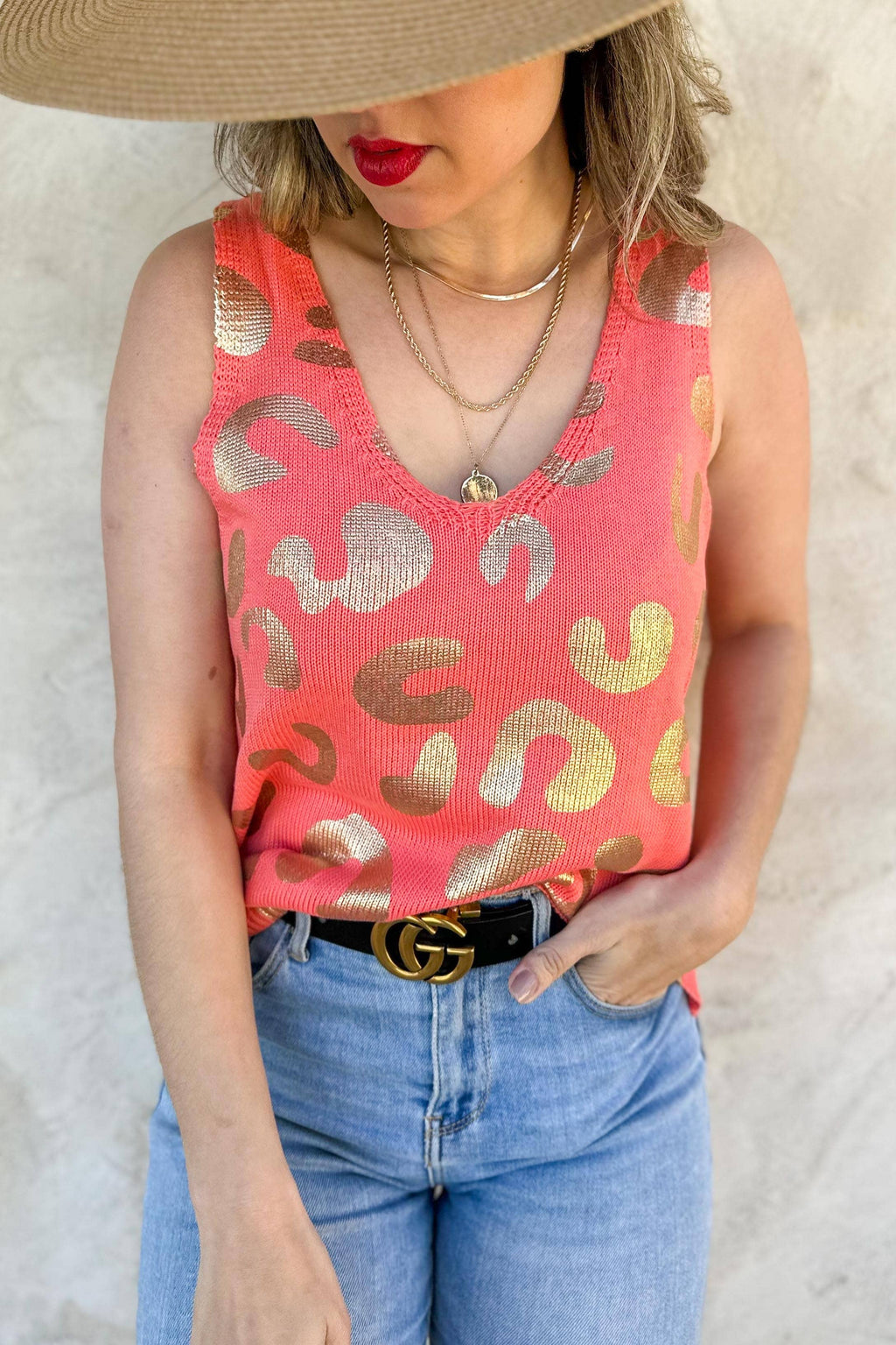 Coral Gold Leopard Printed Sleeveless V Neck Knitted Top