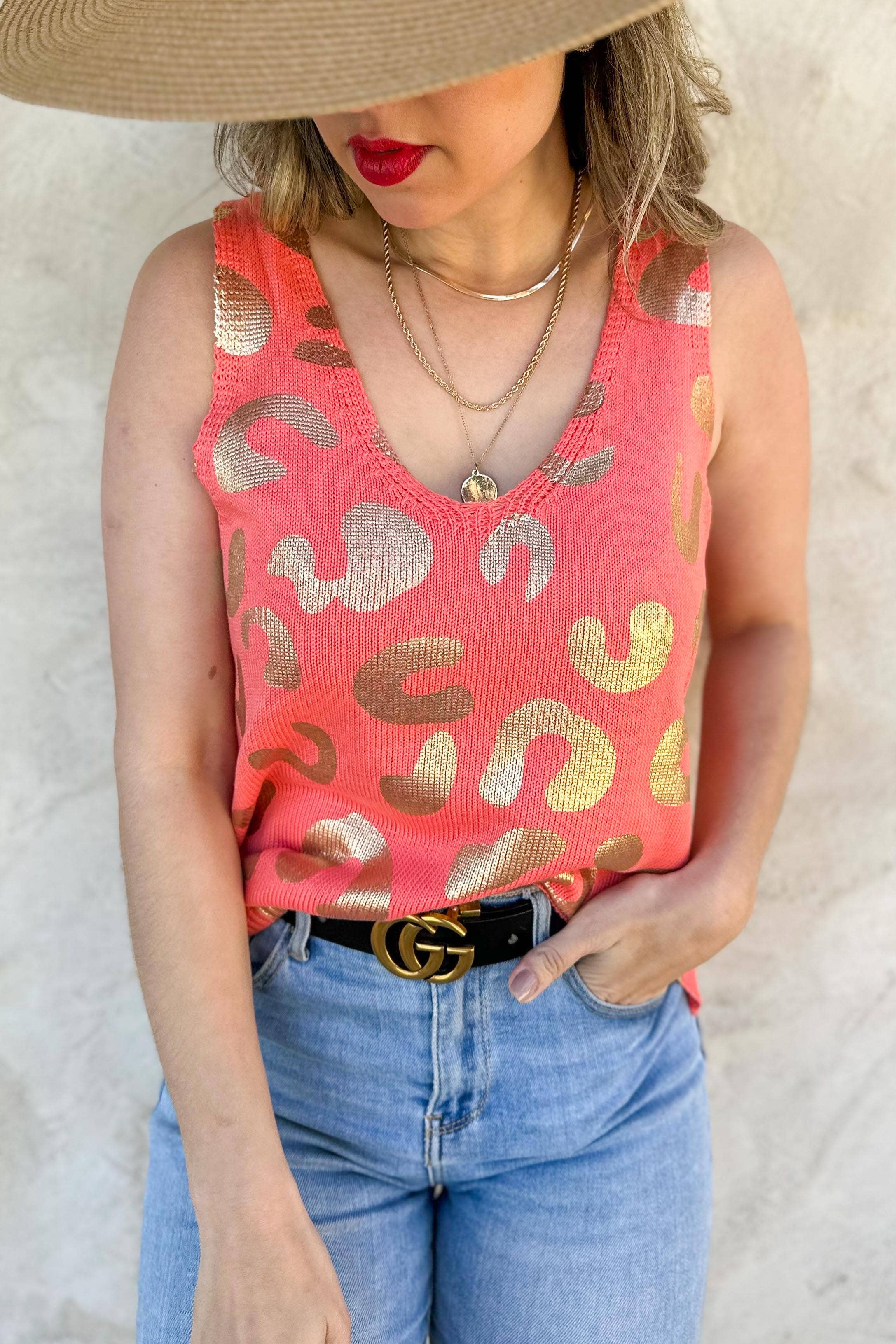 Coral Gold Leopard Printed Sleeveless V Neck Knitted Top