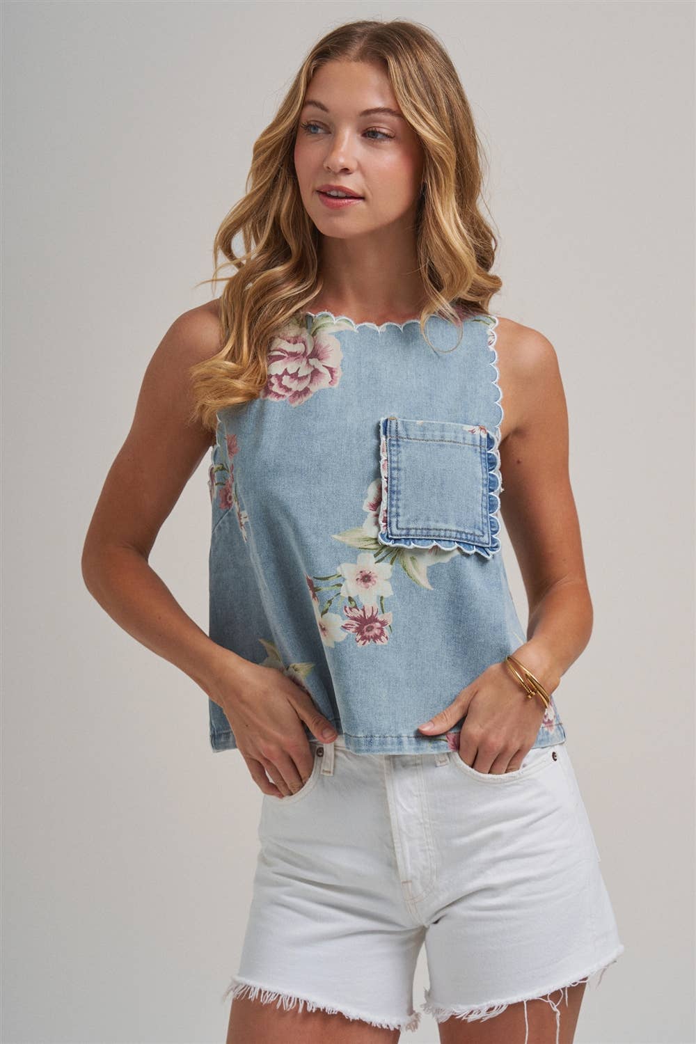 VINTAGE FLORAL DENIM TOP WITH SCALLOPED EDGE DETAIL