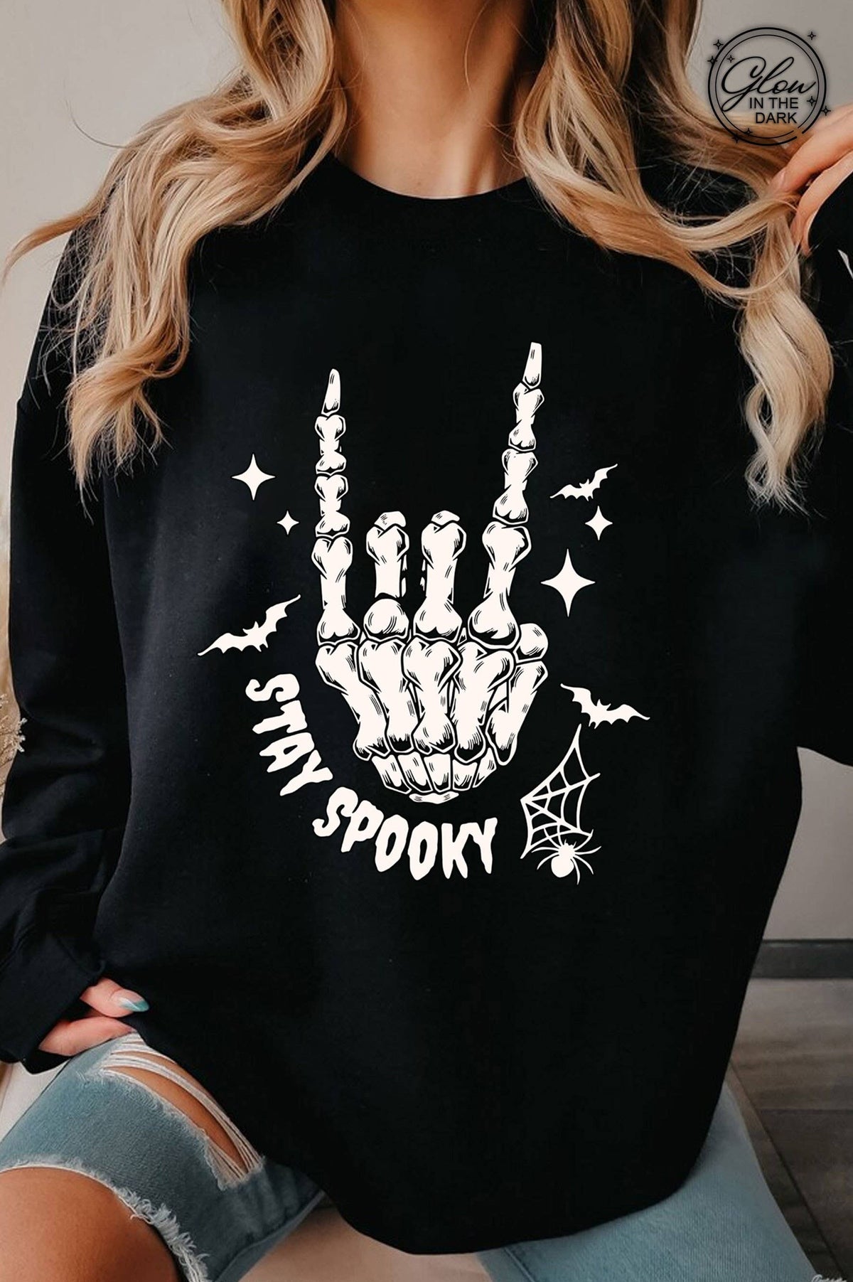 HAND SKELETON STAY SPOOKY GLOW IN THE DARK SWEATSHIRTS