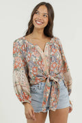 V NECK LACE SLEEVE DETAIL PRINTED TIE FRONT TOP