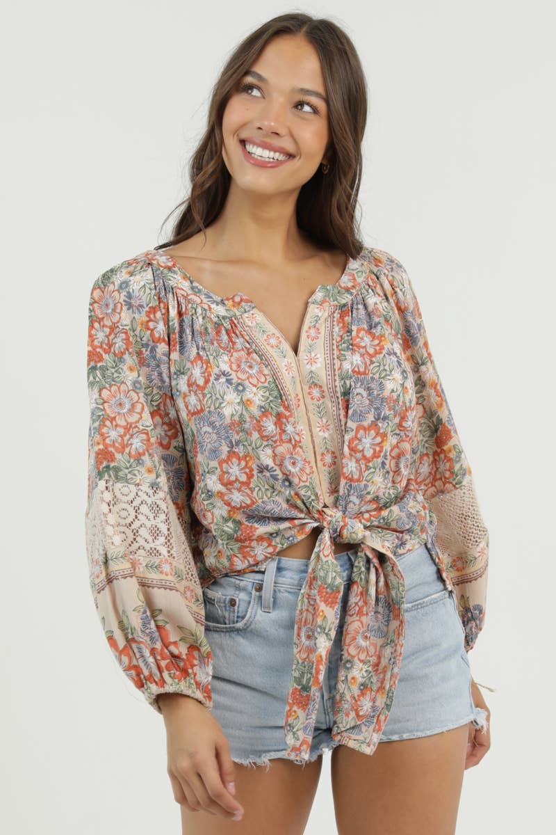 V NECK LACE SLEEVE DETAIL PRINTED TIE FRONT TOP