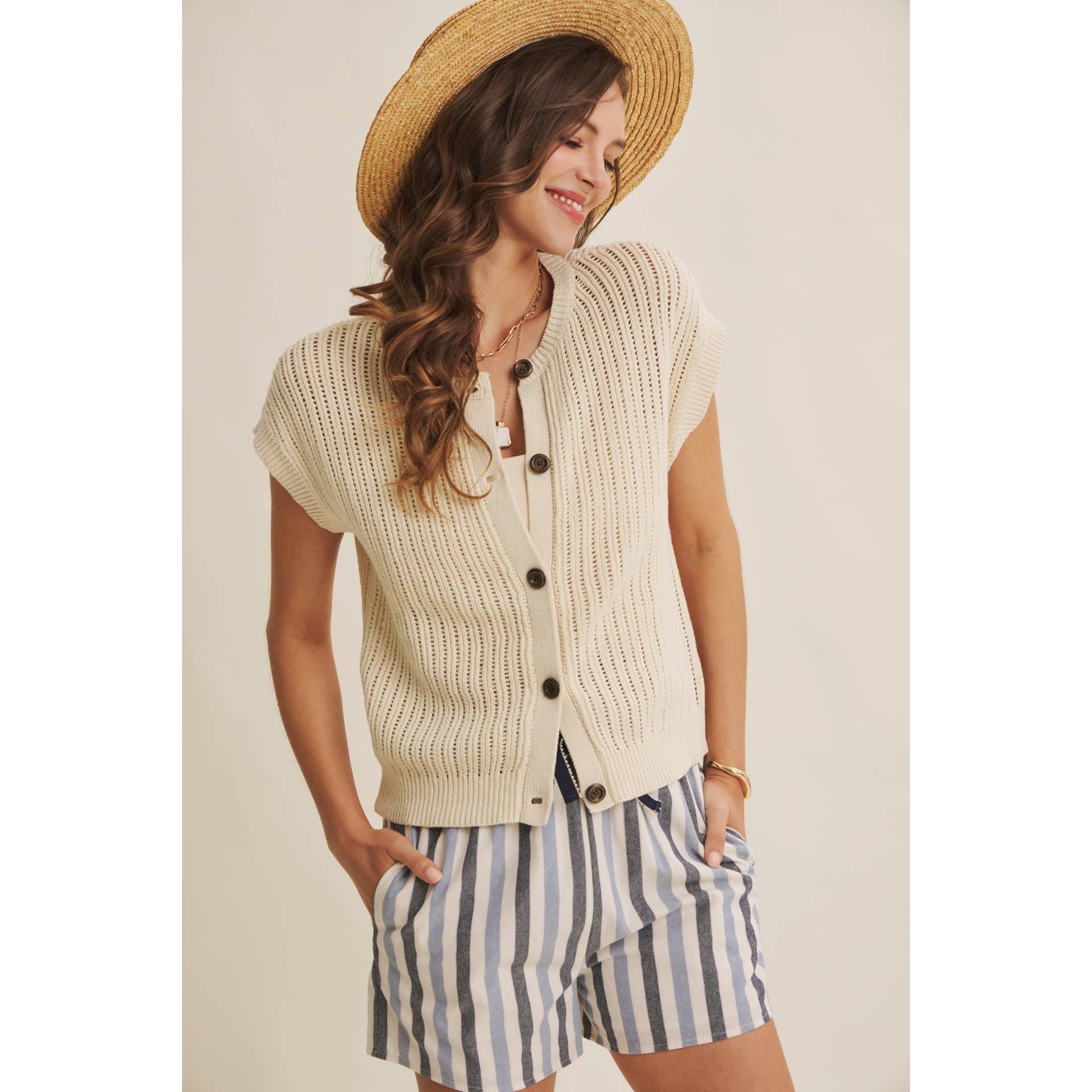 BREEZY NATURAL COTTON OPEN KNIT BUTTON-DOWN SWEATER VEST