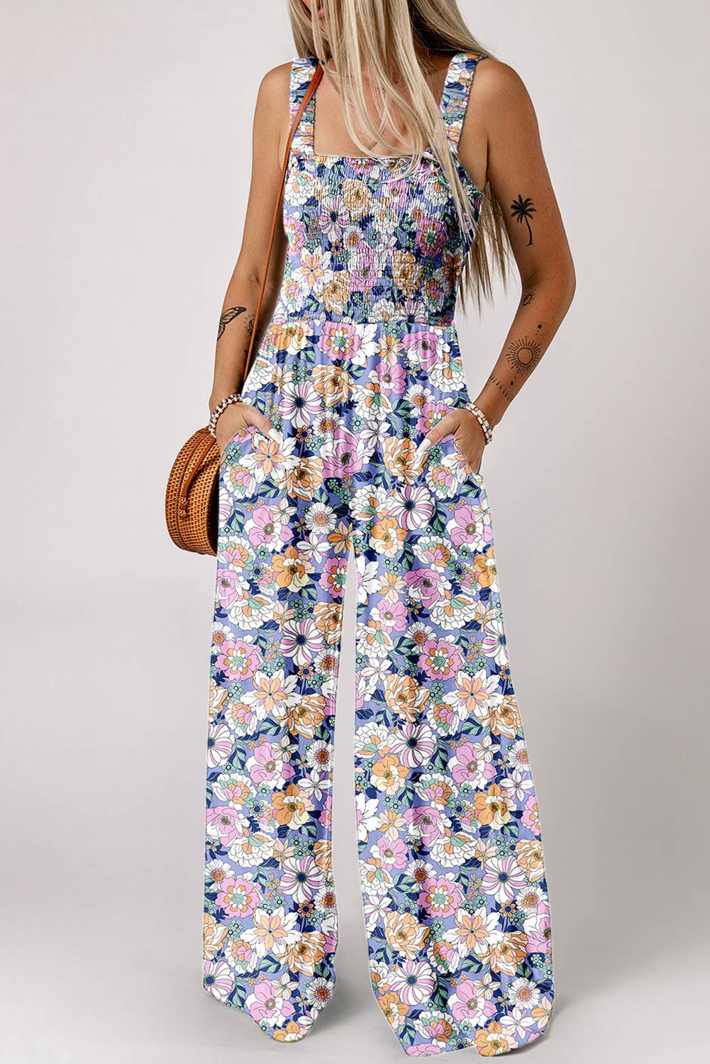 Spring Floral Print Smocked High Waist Square Neck Jumpsuit