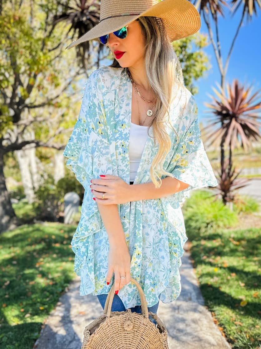 Sage Floral Printed Ruffle Sleeve Kimono Cover Up