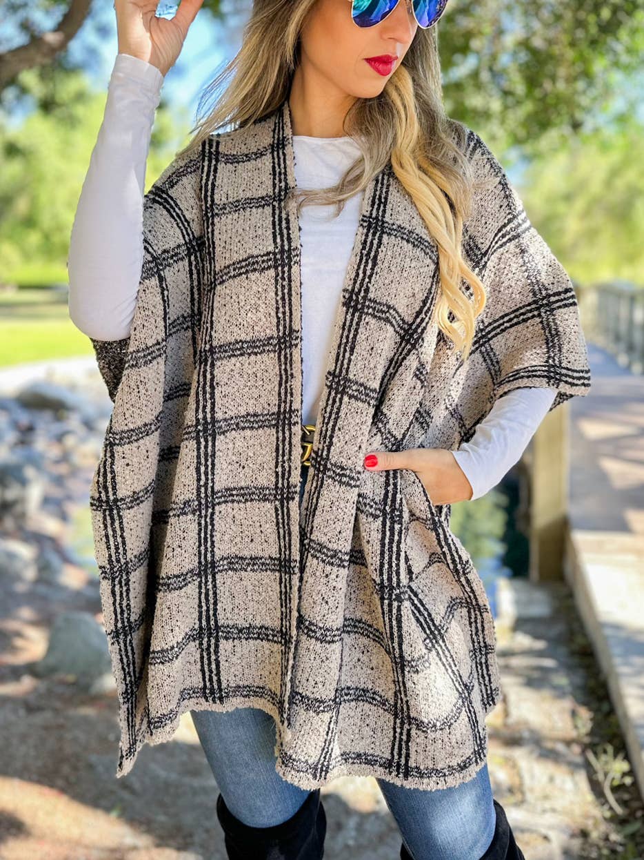Chic Oatmeal Plaid Knitted Ruana Cardigan