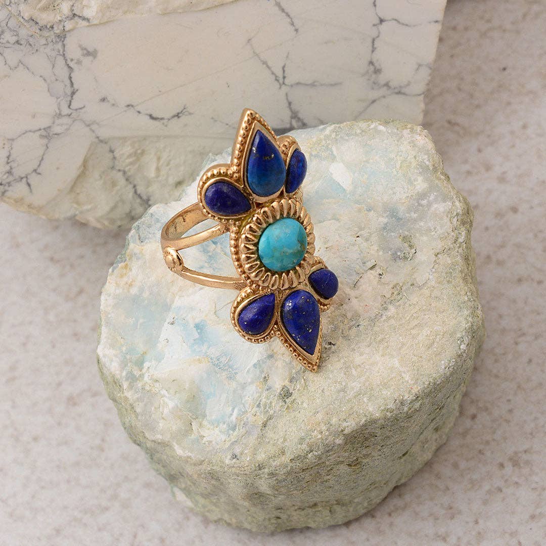 Blue Turquoise and Blue Lapis Sunburst Golden Statement Ring