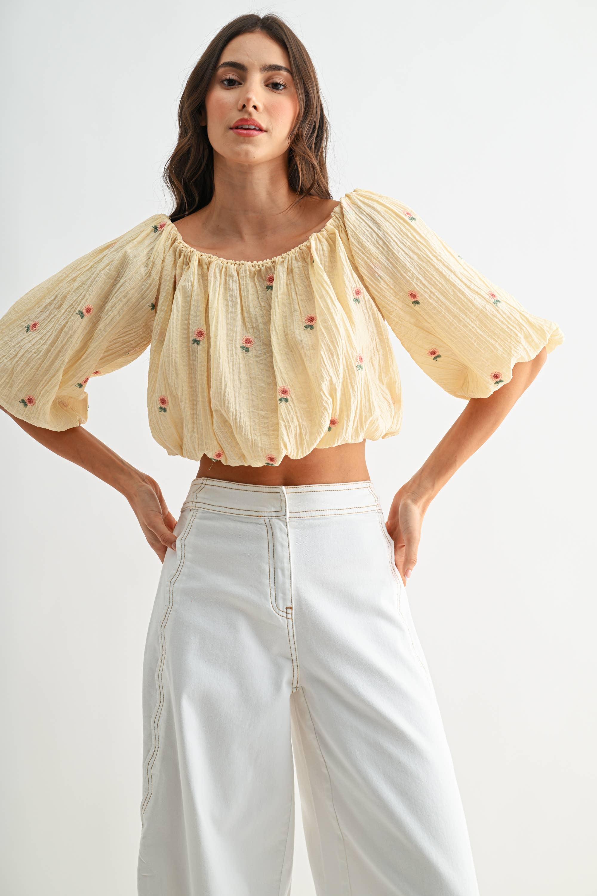 Off-Shoulder Floral Embroidered Blouse