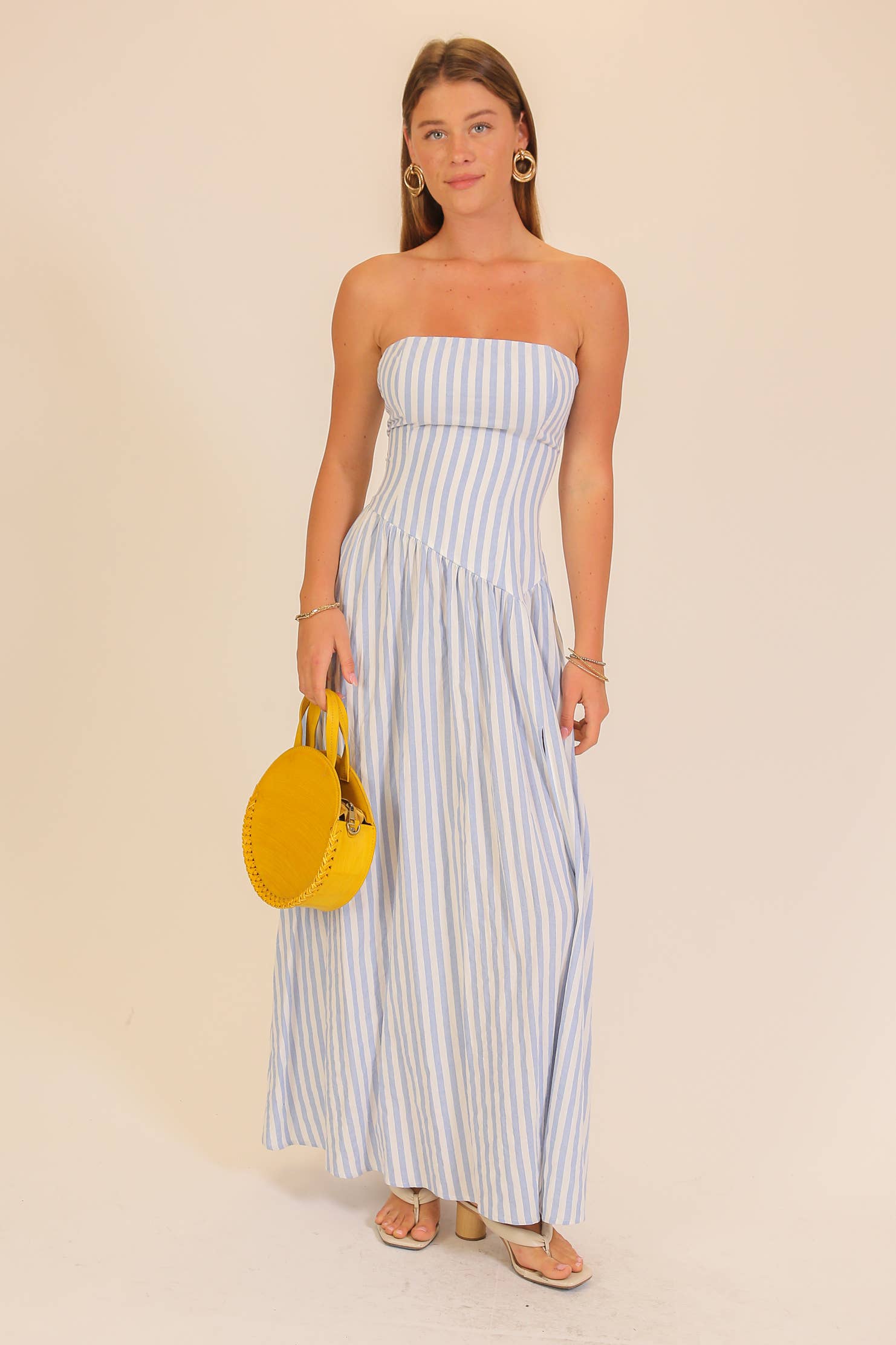 Striped Strapless Side Slit Maxi Dress