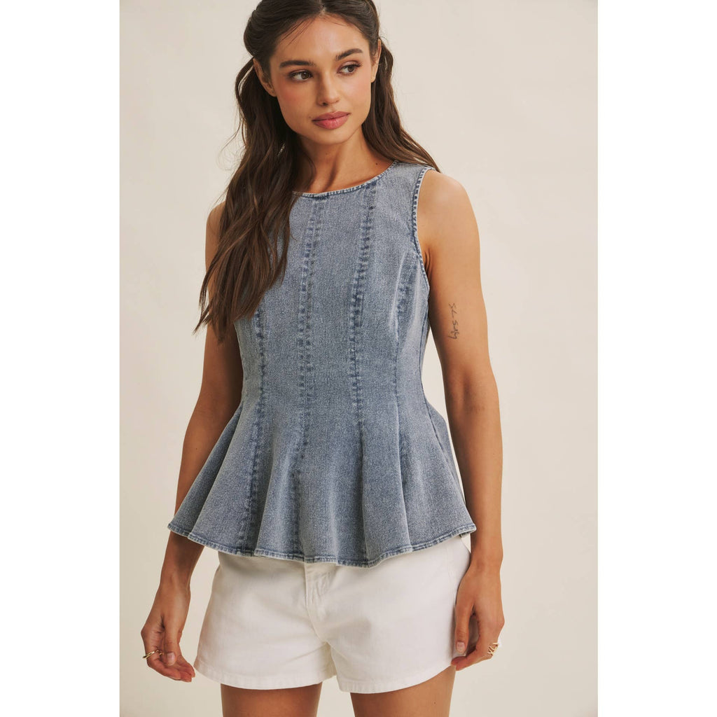 SUNLIT COAST MINERAL-WASHED STRETCH DENIM PEPLUM TOP