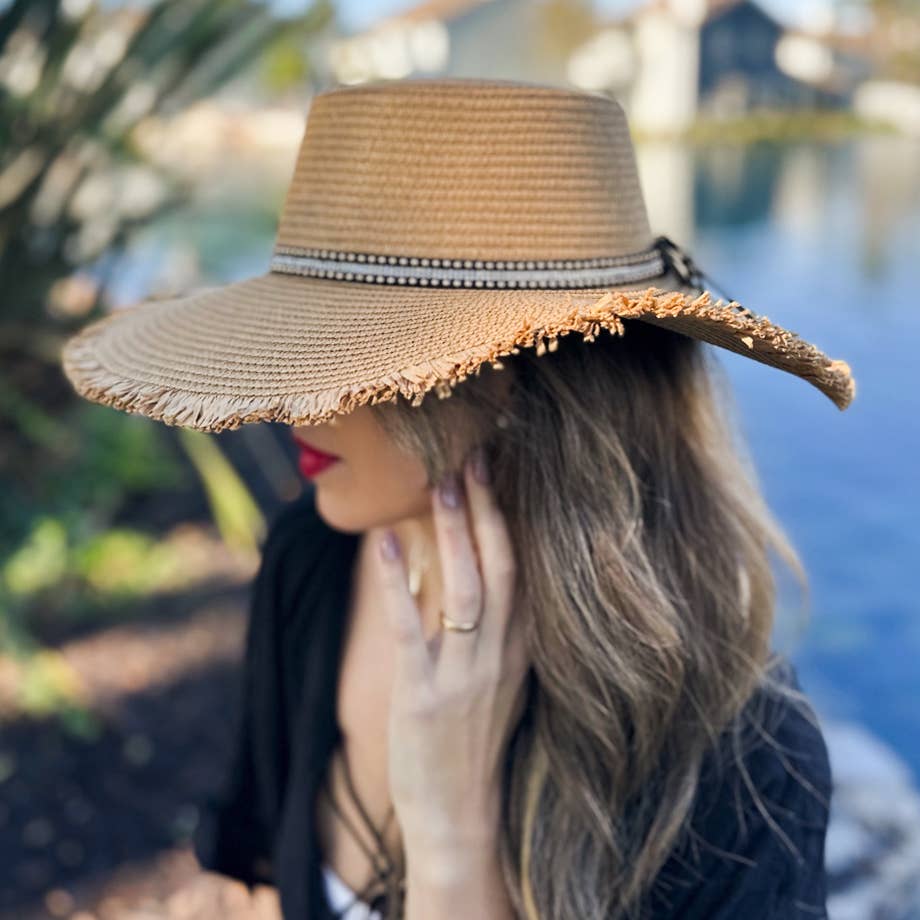 Crown Straw Floppy Hat Tan Frayed Brim with Rhinestone Band