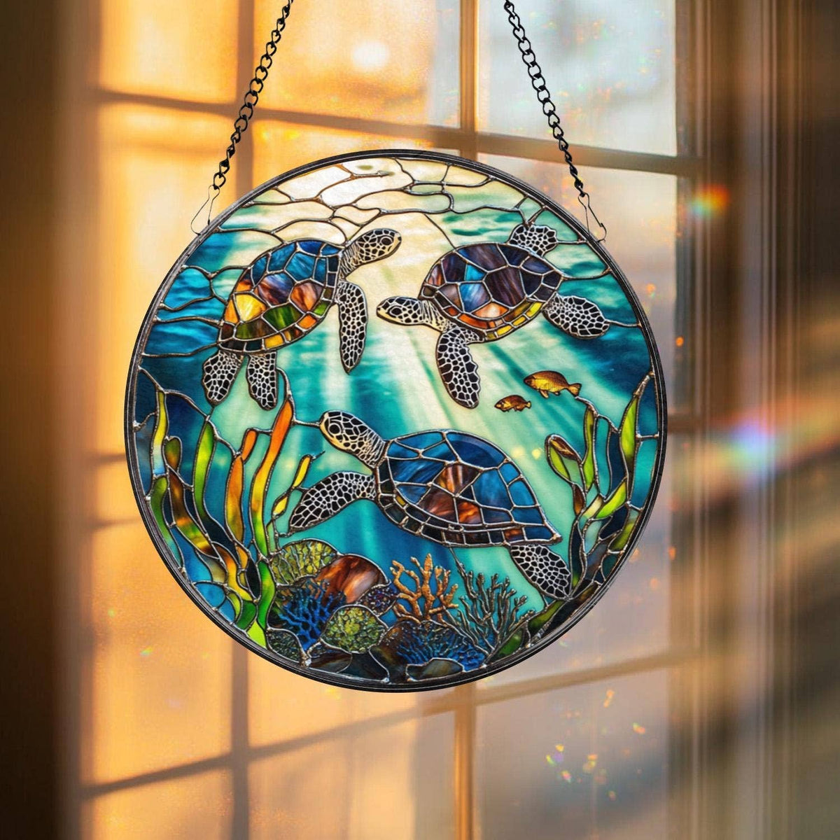 Sea Turtle Stained Glass Suncatcher, Ocean Window Hanging