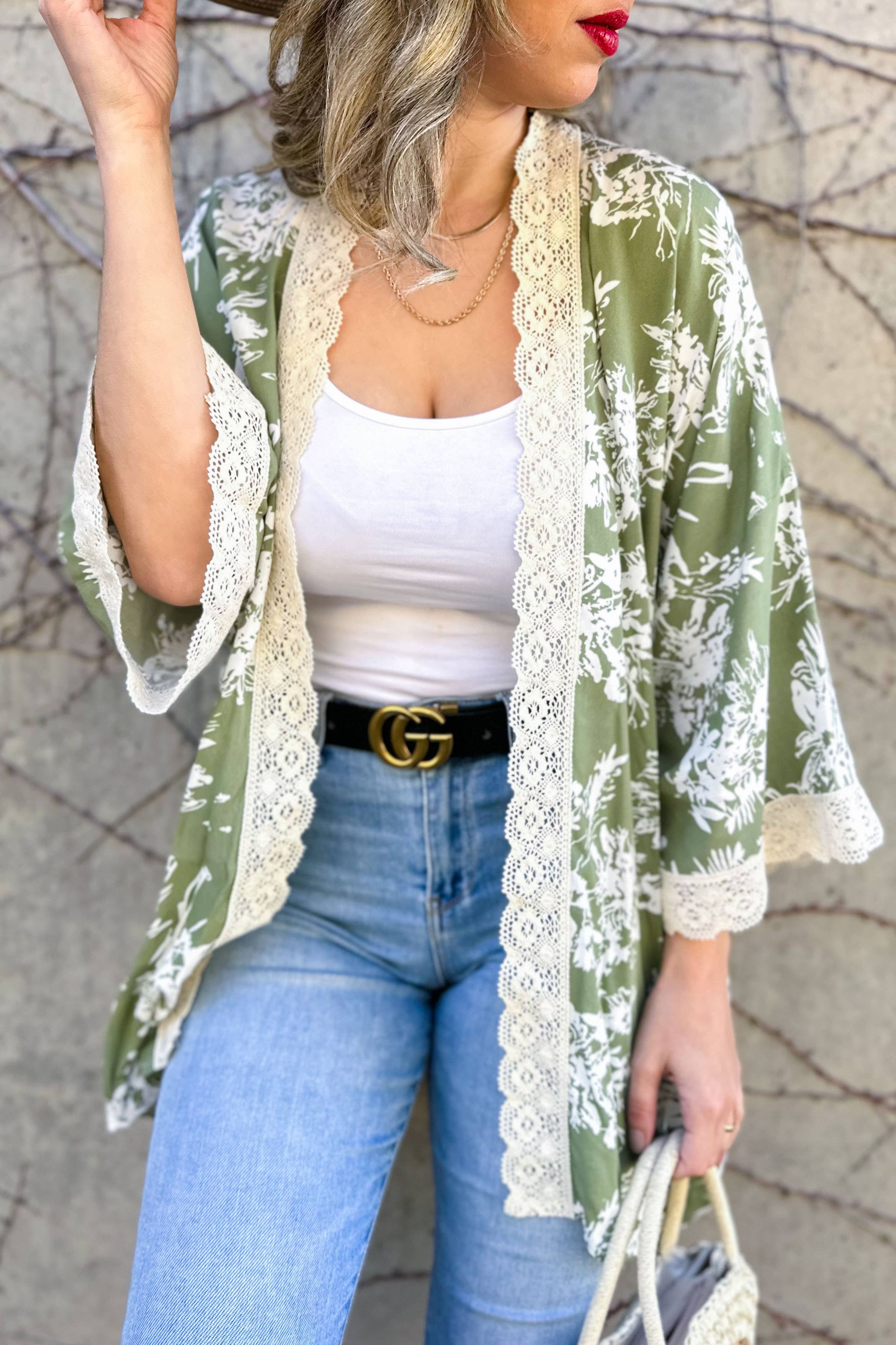 Olive Floral Print Lace Detail 3/4 Sleeve Kimono Cardigan