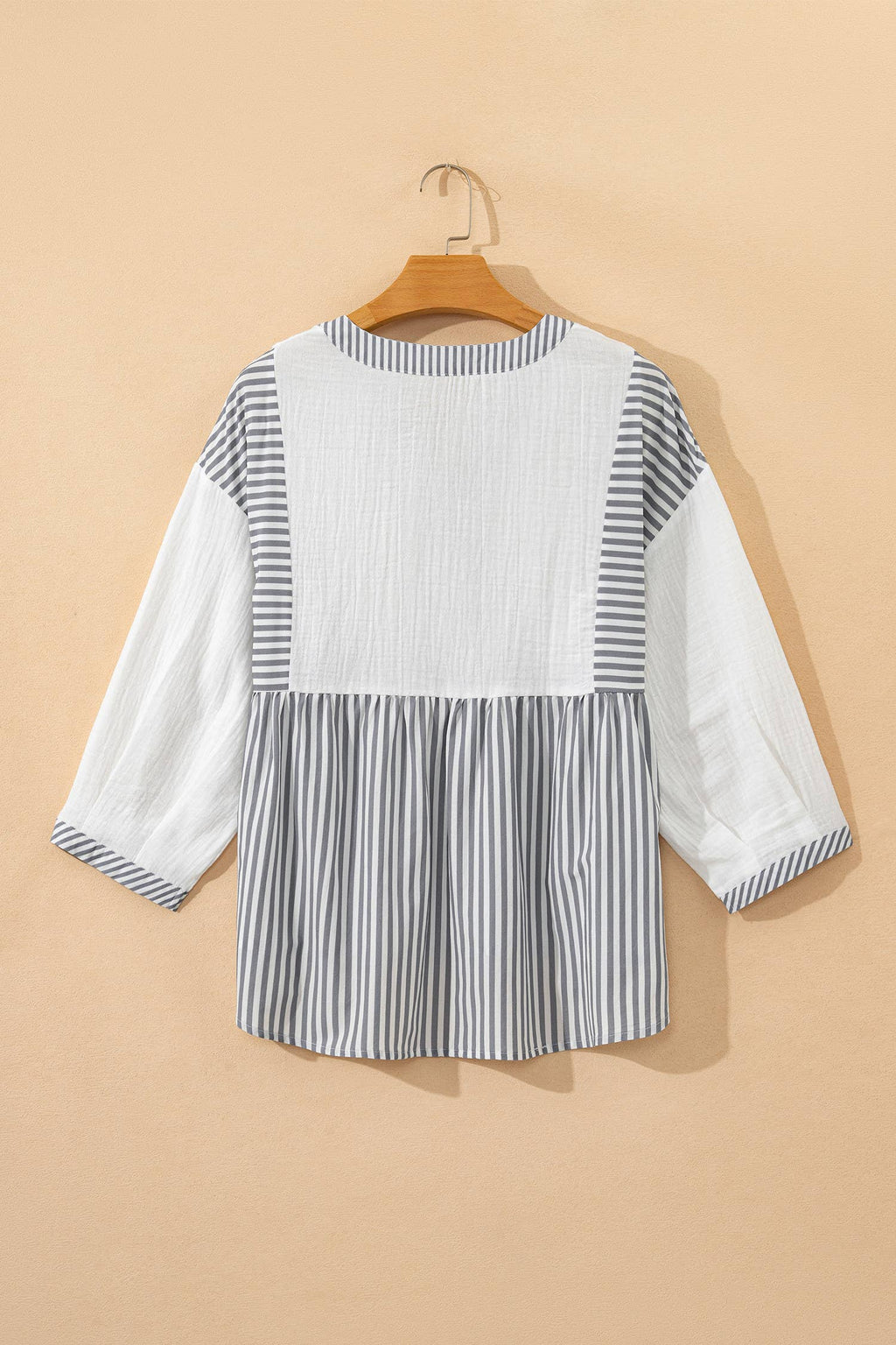 Stripe Button Gauze Bracelet Sleeve Babydoll Blouse (S-XL)
