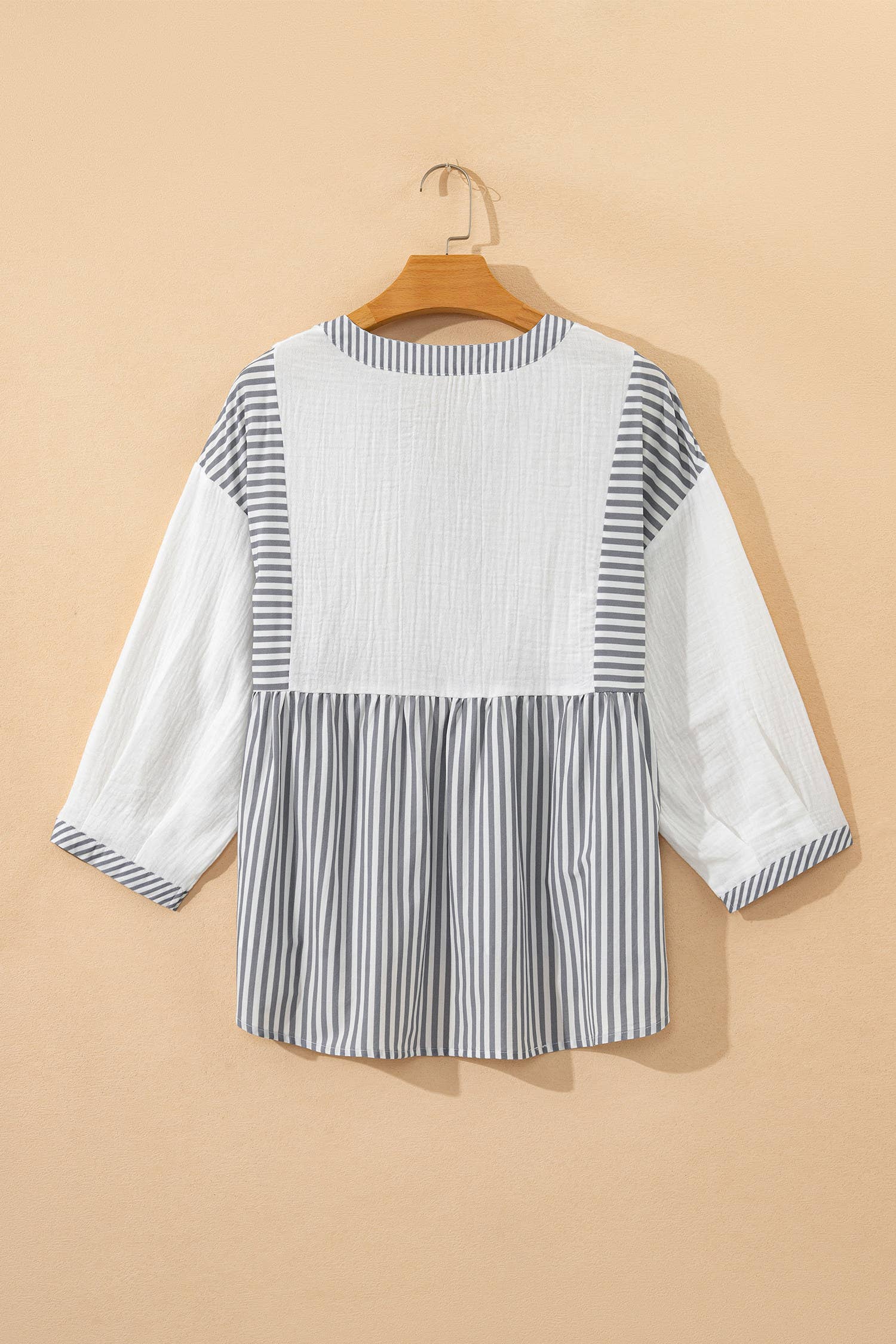 Stripe Button Gauze Bracelet Sleeve Babydoll Blouse (S-XL)