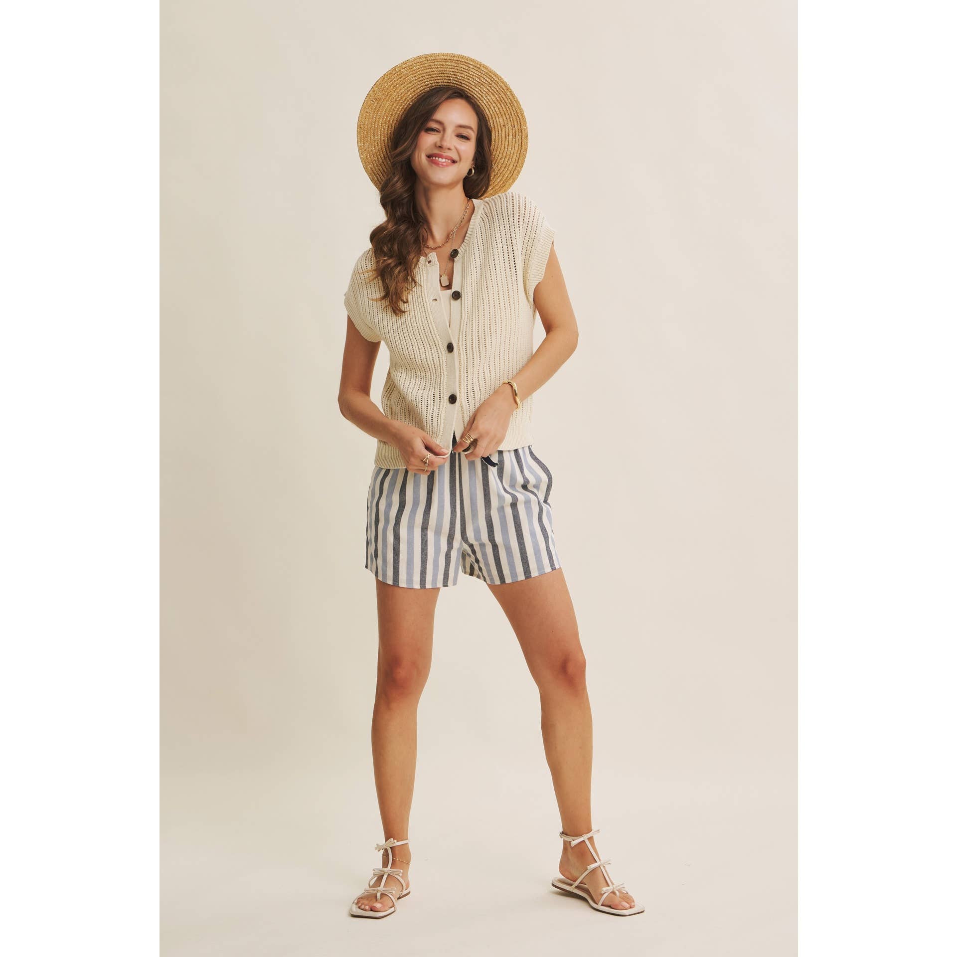 BREEZY NATURAL COTTON OPEN KNIT BUTTON-DOWN SWEATER VEST