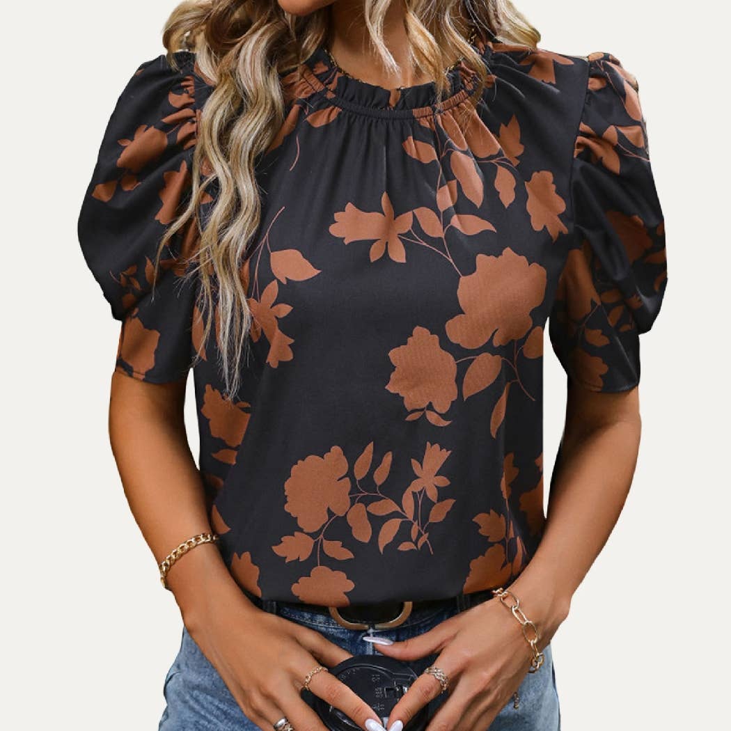 Cute Print Rounded Neck Keyhole Puff Short Sleeve Top
