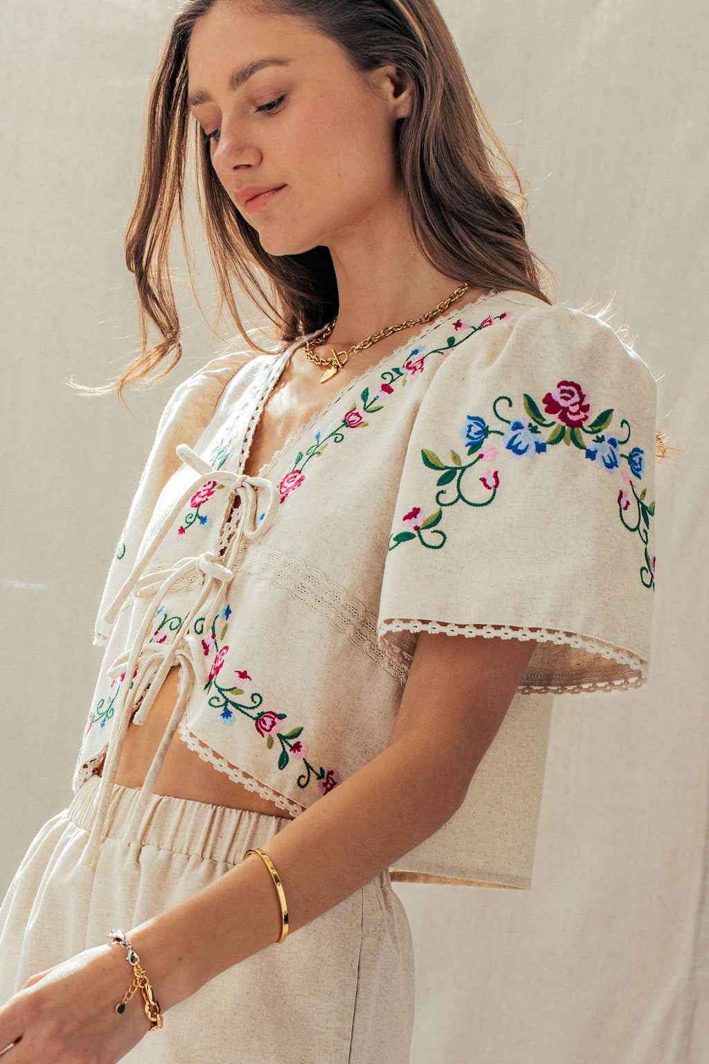 Embroidered Tie-Front Boho Crop Top
