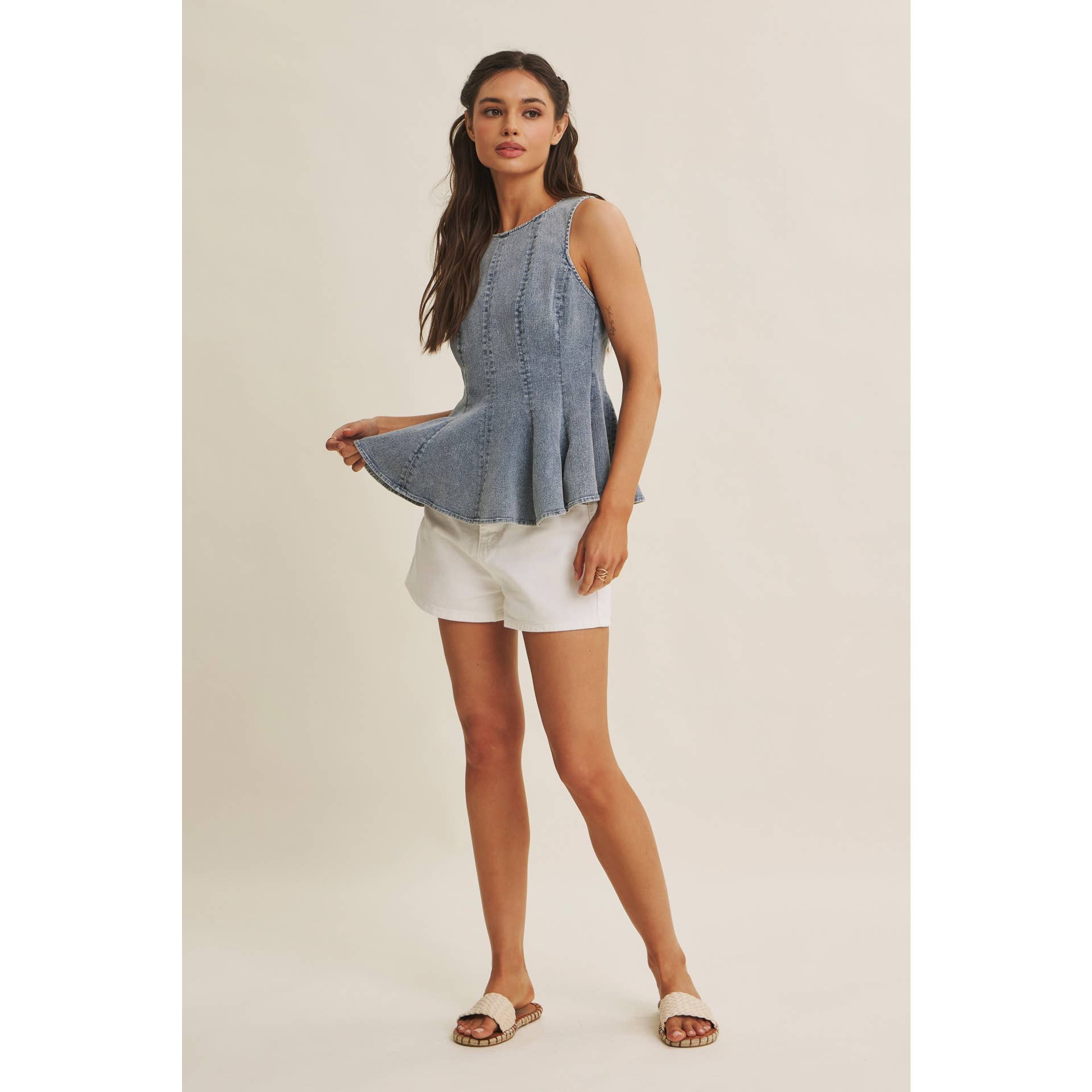 SUNLIT COAST MINERAL-WASHED STRETCH DENIM PEPLUM TOP